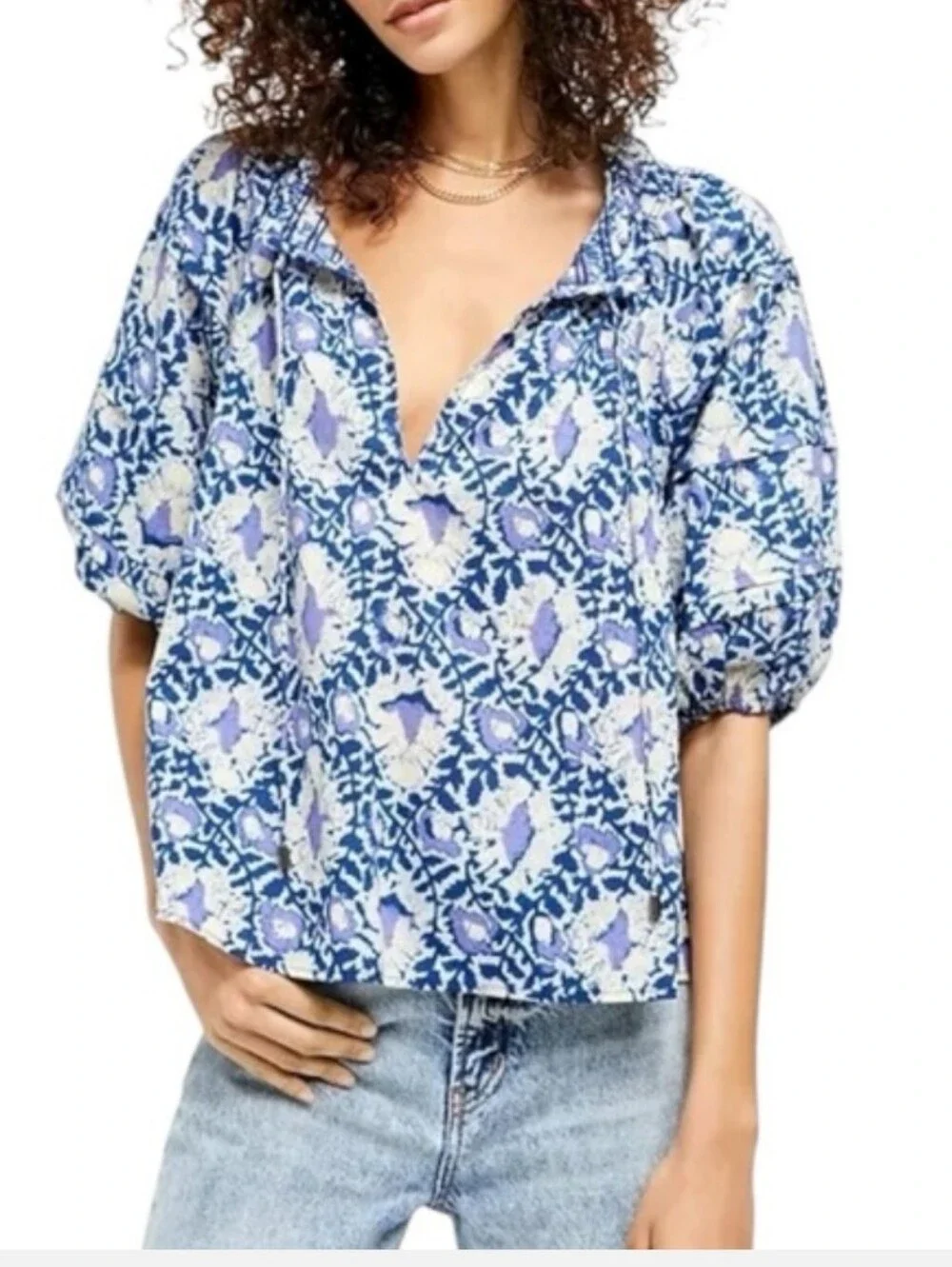 Free People Willow Printed Puff Sleeve Tie Neck Blouse